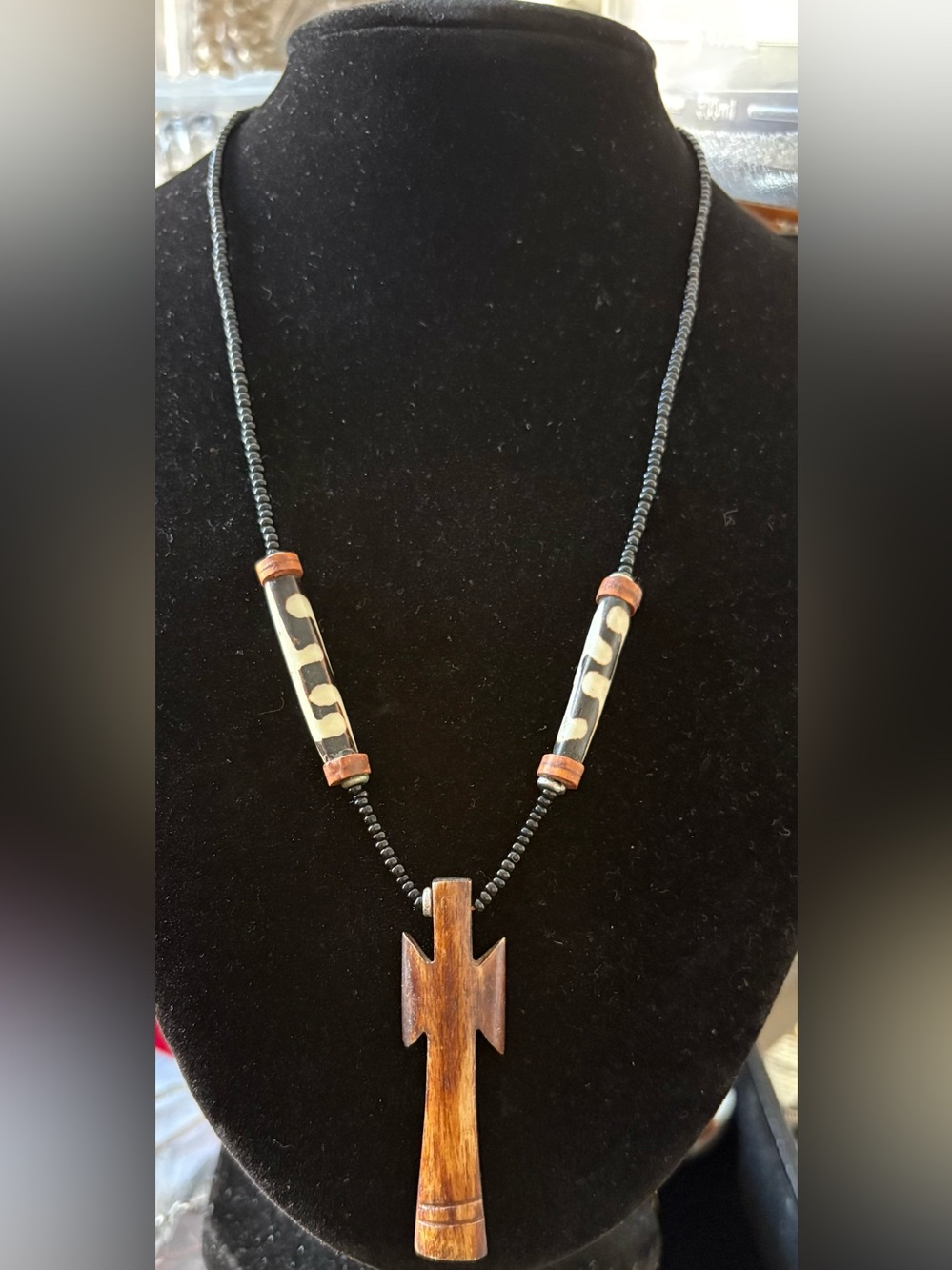 Wood Cross Pendant Beaded Necklace
